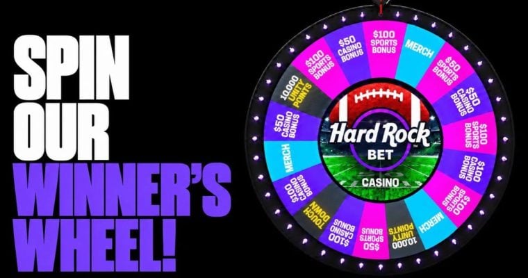 Text Reads Spin Our Winner's Wheel! Next to a Colorful Wheel on New Hard Rock Bet AC Promotion