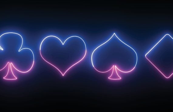 Club, Heart, Spade and Diamond Shape in Neon on Black Background