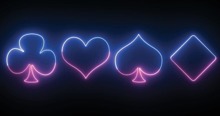 Club, Heart, Spade and Diamond Shape in Neon on Black Background
