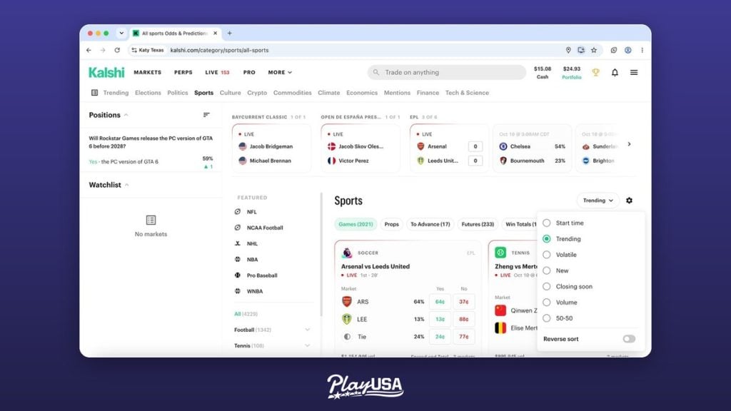 Kalshi desktop sports market sorting