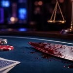 Scale of Justice, Bloody Knife, and Playing Cards on Blue Game Table