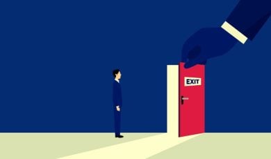 Illustration Representing Forced Exit By Larger Hand With Red Door
