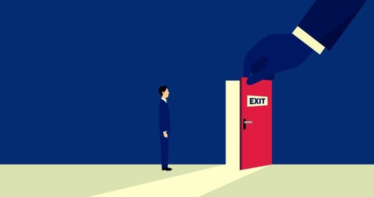 Illustration Representing Forced Exit By Larger Hand With Red Door