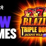 Hard Rock Bet Logo Above New Games Text and 777 Blazing Triple Double New Online Slot Logo