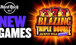 Hard Rock Bet Logo Above New Games Text and 777 Blazing Triple Double New Online Slot Logo