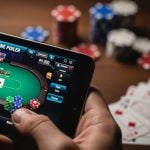 Man Plays Online Poker with Smartphone and Poker Chips, Playing Cards on Table in Background