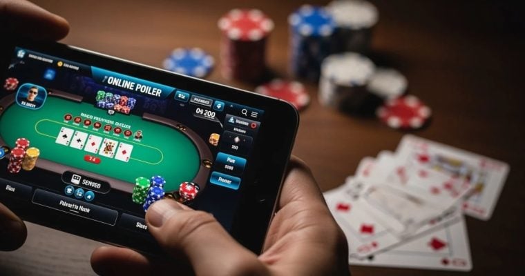 Man Plays Online Poker with Smartphone and Poker Chips, Playing Cards on Table in Background