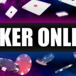 Playing Cards and Poker Chips Flying Around Behind "Poker Online" Text