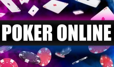 Playing Cards and Poker Chips Flying Around Behind "Poker Online" Text