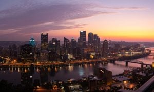 Aerial View of the Pittsburgh, PA Skyline at Sunset