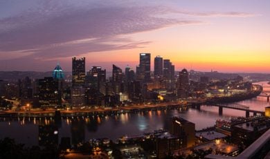 Aerial View of the Pittsburgh, PA Skyline at Sunset