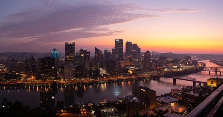 Aerial View of the Pittsburgh, PA Skyline at Sunset