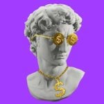 Meme-Style Graphic of Plaster Sculpture Head with Gold Chain and Money-Sign Glasses