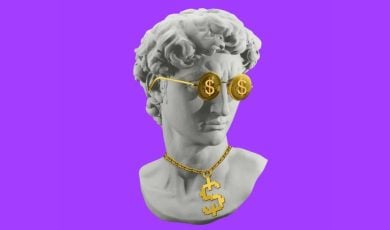 Meme-Style Graphic of Plaster Sculpture Head with Gold Chain and Money-Sign Glasses