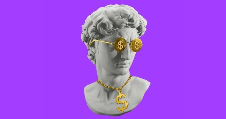 Meme-Style Graphic of Plaster Sculpture Head with Gold Chain and Money-Sign Glasses