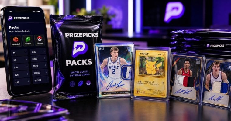Cell Phone Stands Next To PrizePicks Pack and Valuable Collectible Cards