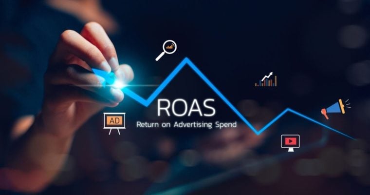 Hand Draws Rising Blue Line with Icons Related to Marketing and ROAS Text
