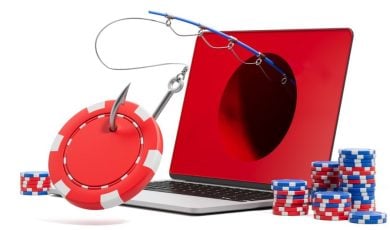 Fishing Pole Comes Out of Laptop Screen with Red Hole and Poker Chips Around