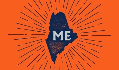 ME Text on Maine State Illustration with Rays Around