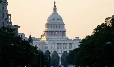 White House Dome, Street View with Surrounding Trees at Sunset