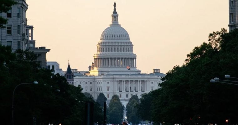 White House Dome, Street View with Surrounding Trees at Sunset