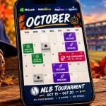 MLB Hat Sits Next to Baseball Glove Inside Stadium with Cell Phone Featuring October Sweepstakes Promos