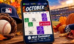 MLB Hat Sits Next to Baseball Glove Inside Stadium with Cell Phone Featuring October Sweepstakes Promos