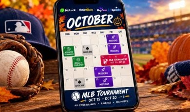 MLB Hat Sits Next to Baseball Glove Inside Stadium with Cell Phone Featuring October Sweepstakes Promos