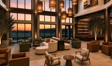 Rendering of the Lobby at The Dotte, Tribune Portfolio by Shane Hotels at Kansas City Speedway