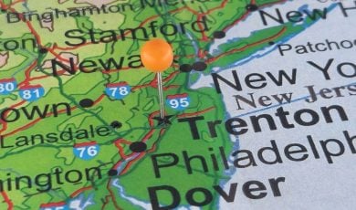 Green Map of Northeast New England Shows Pin at Trenton, New Jersey