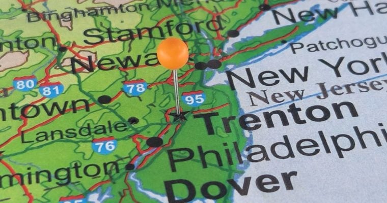 Green Map of Northeast New England Shows Pin at Trenton, New Jersey