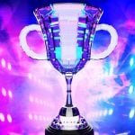 Purple and Blue Lights Shine on Mirrored Trophy for Gaming Winner