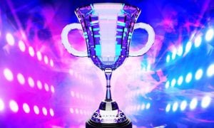 Purple and Blue Lights Shine on Mirrored Trophy for Gaming Winner