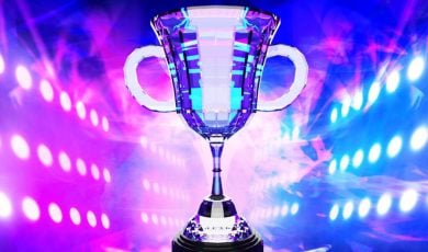 Purple and Blue Lights Shine on Mirrored Trophy for Gaming Winner