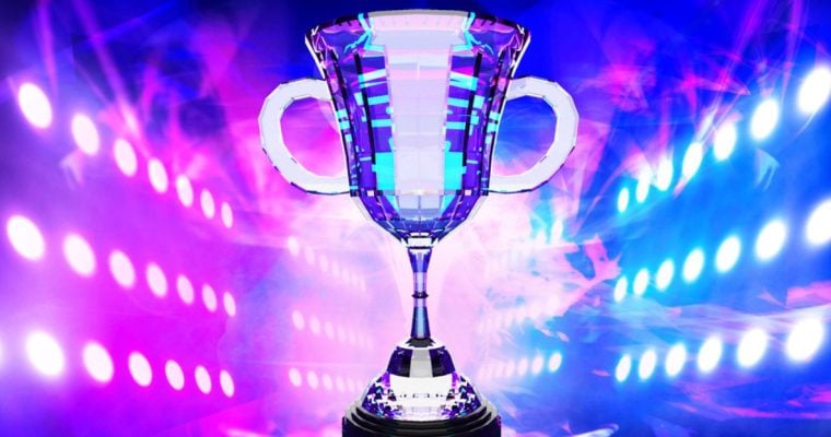 Purple and Blue Lights Shine on Mirrored Trophy for Gaming Winner