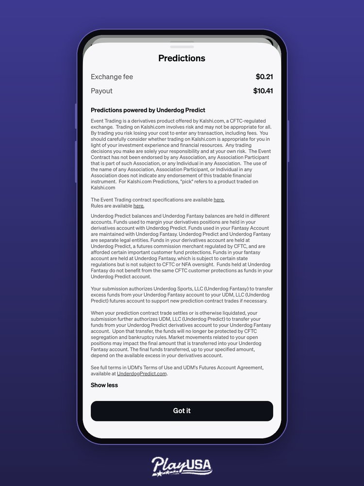 Underdog Predict order ticket with Kalshi fund disclosure