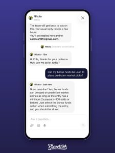 Underdog live chat agent confirming bonus funds usable on prediction picks