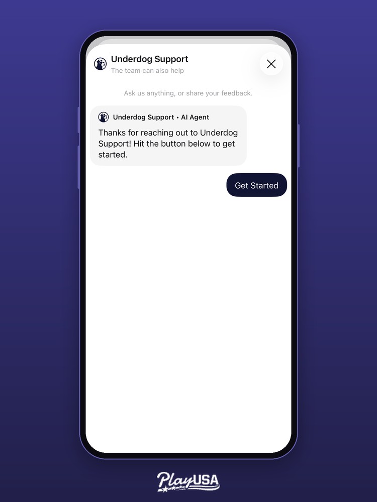 Underdog live chat opening screen with AI agent greeting