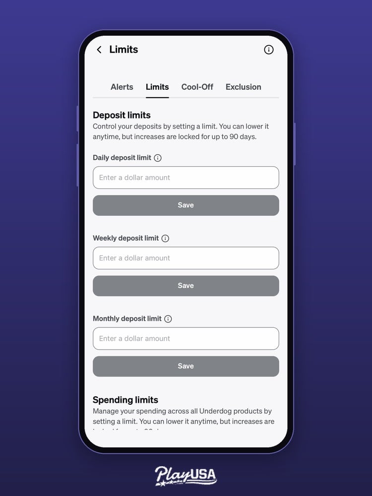 Underdog responsible trading limits settings page