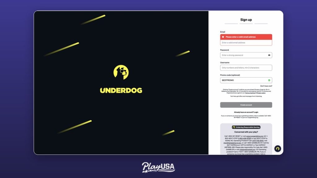 Underdog signup screen with promo code field