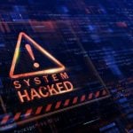 System Hacked Text with Exclamation Mark Inside Triangle on Digital Blue Background