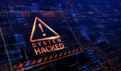 System Hacked Text with Exclamation Mark Inside Triangle on Digital Blue Background