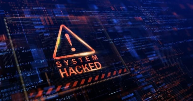 System Hacked Text with Exclamation Mark Inside Triangle on Digital Blue Background