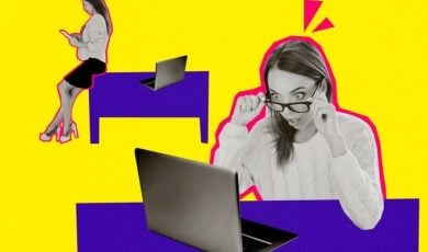 Art Collage Image of Marketing Exec Shocked at Something on Laptop Screen
