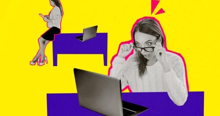Art Collage Image of Marketing Exec Shocked at Something on Laptop Screen