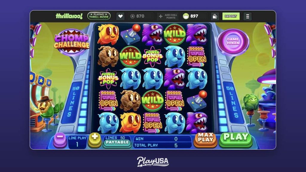 Chomp Challenge, a 50-payline arcade-themed slot, mid-spin in Thrill Mode.