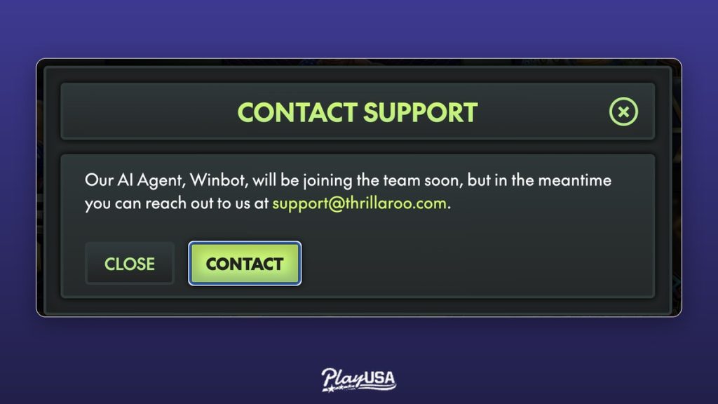 he in-app support modal points to email and names an AI agent, Winbot, as "joining the team soon."