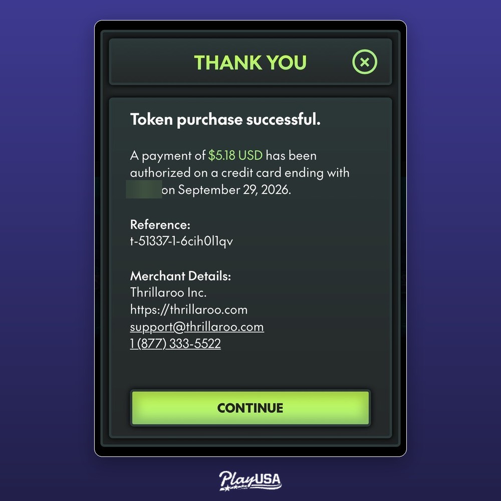 my $5 Thrill Token purchase confirmed and landed instantly.