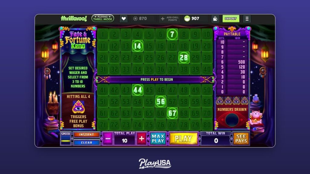 ate & Fortune Keno lets you pick 3 to 10 numbers from 1-80; hitting all 4 on a 4-number play triggers a free-play bonus.