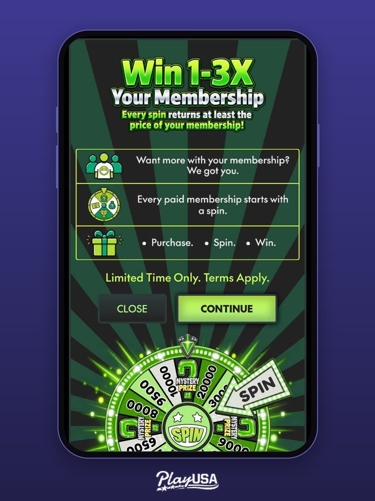 the real on-platform promo screen: "Every spin returns at least the price of your membership," tied to the start of a paid membership.